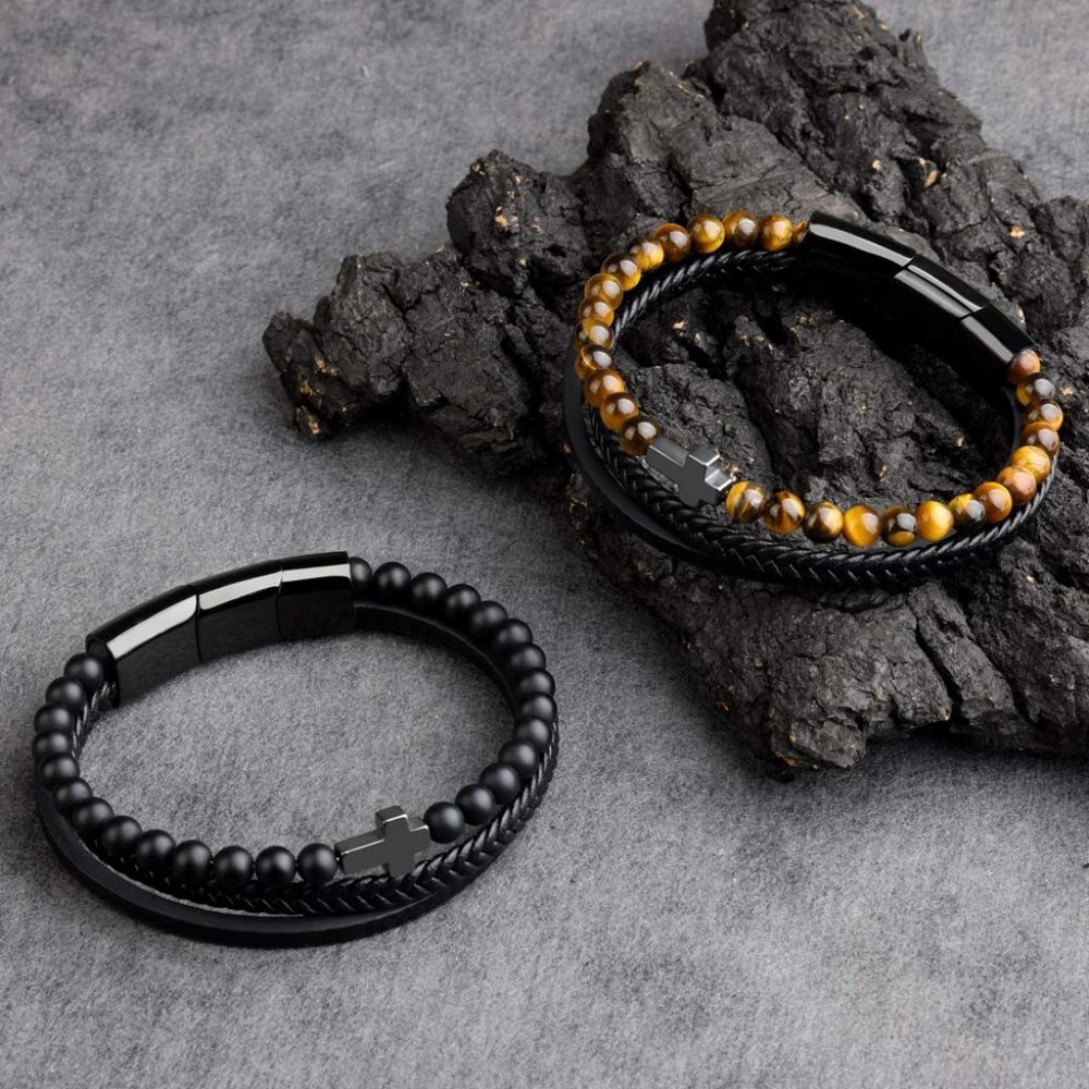 Men's Leather Braided Bracelet Tiger's Eye Obsidian Stone Titanium Steel Cross